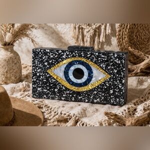 Evil Eye Design Clutch Black with Silver Glitter Accents Boho Glam